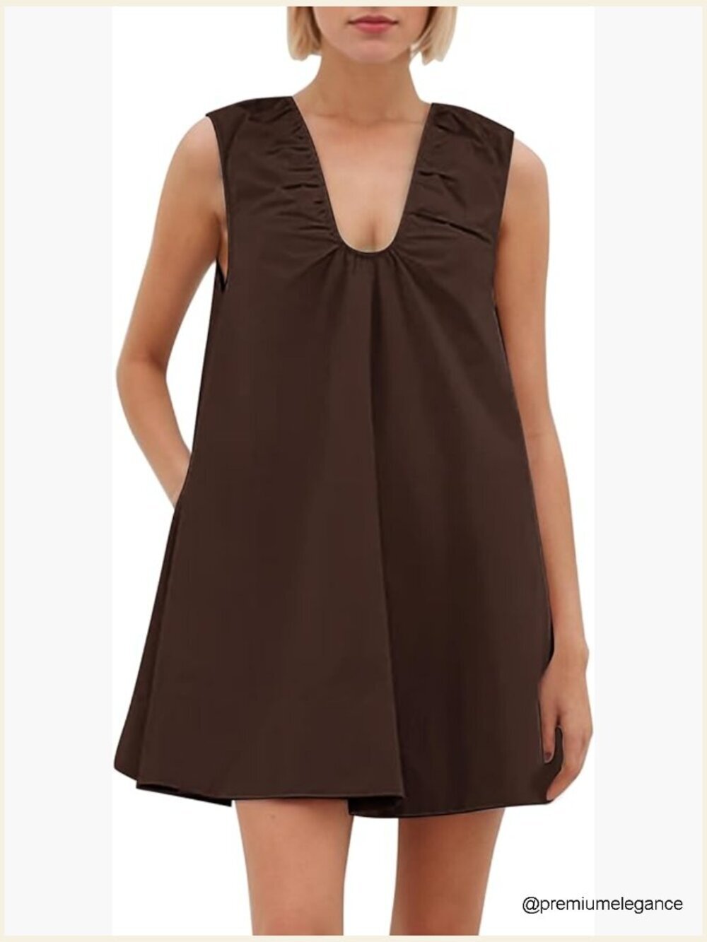 Sleeveless Babydoll Tank Mini Dress Scoop Neck Ruched Short Dress with Pockets